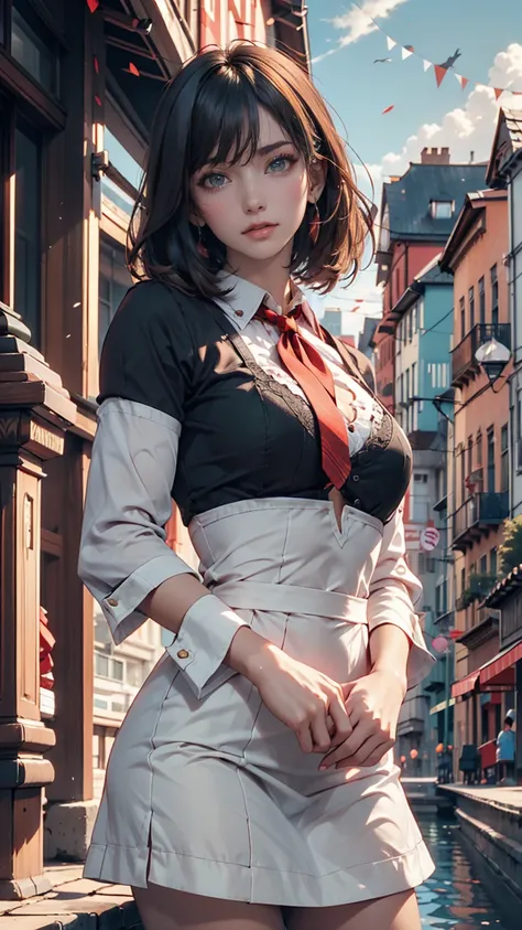  1 girl,前hair,black_hair,green_null, bridge , Building,city,city,cityscape,cloud,day, dress, staring _in_ viewer ,Outdoor,red_neckwear,red_ribbon,ribbon,river,short_hair,short_sleeves,null,nullscraper,Alone, is standing,town,winer,(masterpiece,Anime,newest...