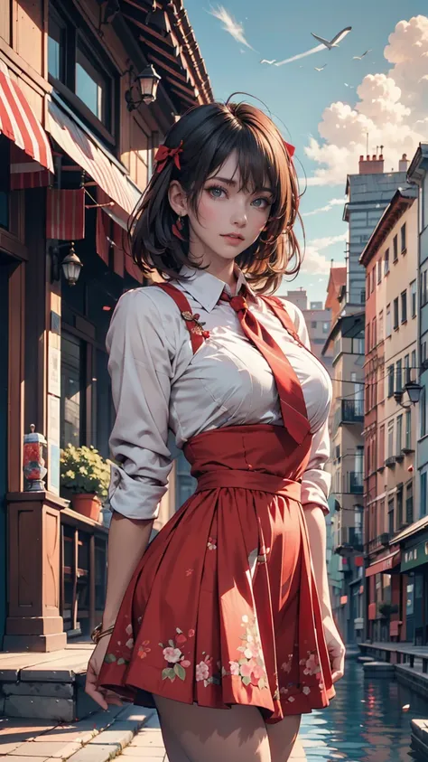  1 girl,前hair,black_hair,green_null, bridge , Building,city,city,cityscape,cloud,day, dress, staring _in_ viewer ,Outdoor,red_neckwear,red_ribbon,ribbon,river,short_hair,short_sleeves,null,nullscraper,Alone, is standing,town,winer,(masterpiece,Anime,newest...