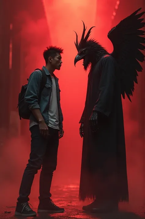 an adult man, oriental face, wearing casual clothes, is facing a figure that resembles himself, his head has horns, black crow wings, red aura background, long shot view. HDR details.