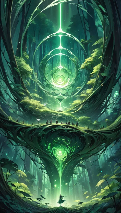 (no one)Lush green rotation dynamic rotation as the main focus Dynamic ultra-light particles spin dynamic smoky green glow  , Light Surreal Bizarre Fantastic Cinematic Boundary Background is Abstract Dark Green Forest Delicate Intricate Extremely Fine Illu...