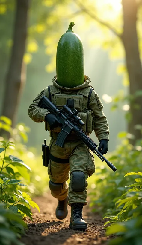 Zucchini Sniper: A zucchini figure in a camouflaged uniform, walking from a distance in a bright forest, holding an HK416-e. The forest is bathed in daylight, with beams of sunlight falling on the path ahead.
