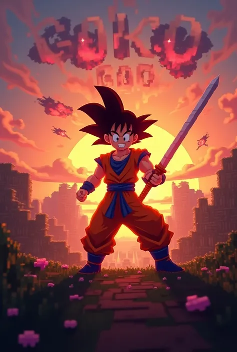 Goku Sayayin god Minecraft version with a sword fighting Minecraft monsters and that in the background there is a text that says Goku God in a beautiful sunset 