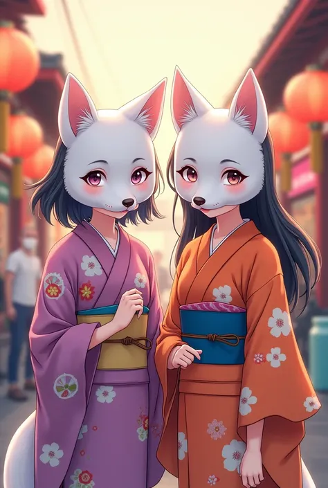 Anime Twin Pretty Girl Yukata Festival White Fox Mask　 elementary school students
