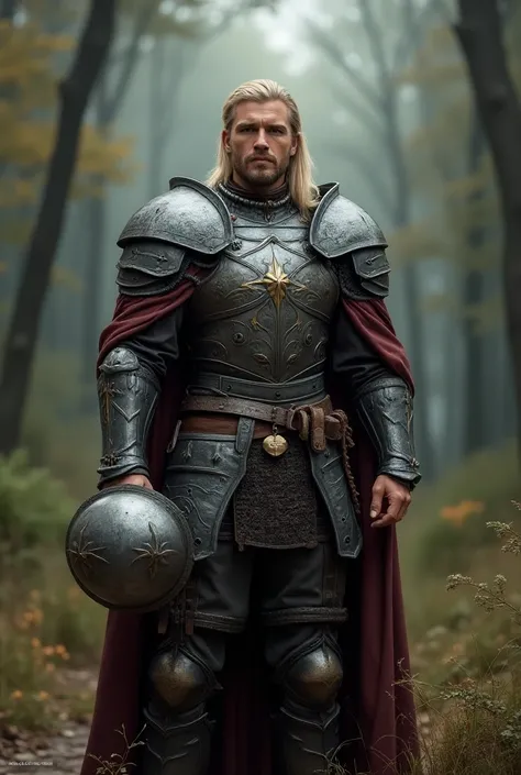  A Norse warrior in a medieval fantasy setting , holding the helmet with one hand. He is 28 years old,  medium length blond hair ,  sturdy and medium build and wears elite fantasy armor forged for the warriors of the Golden Valley.  The armor is made of a ...