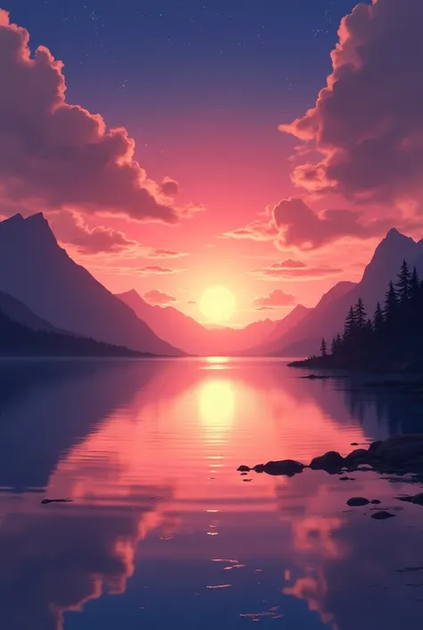 Viral anime nature wallpaper in 4K quality, in the style of photography with a 35mm lens inspired by Makoto Shinkai, capturing a breathtaking sunset over a tranquil lake, the sky painted in hues of orange and pink, with a silhouette of mountains in the bac...