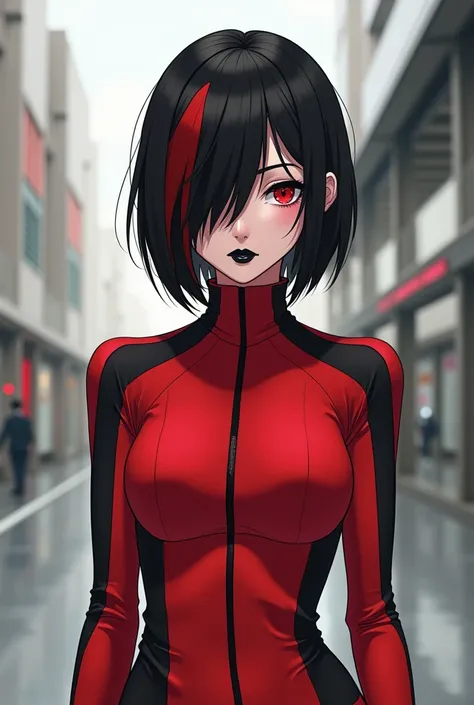 A sissyish character inspired by Japanese style stands confidently, sporting a sleek, jet-black bob haircut with a single, bold red streak framing one side. Their eyes are a striking shade of red, set against a pale complexion that complements their unique...