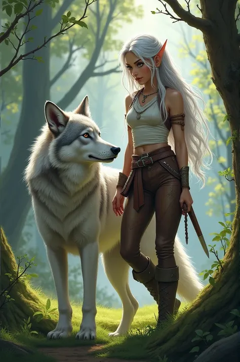 Half elf, half human girl with silver hair and hazel eyes with a silver grey wolf. She is the adopted sister of Vax and Vex