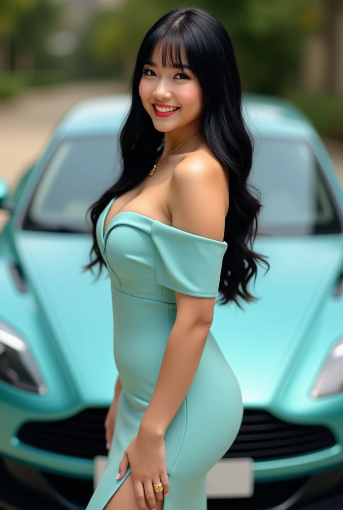 A beautiful Asian woman, chubby but sexy ,white soft skin, smiled, long black straight hair with bangs, wearing aquamarine offshoulder elegant fitted dress,aquamarine highhells, with gold accessories,smiled, looking on camera,model standing in front of aqu...