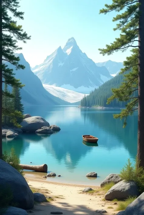  Realistic  alpine trees, mountain and bright 
 blue water lake and rocks and sand and  a  boat  and a tree log fall in water and a big stone between lake