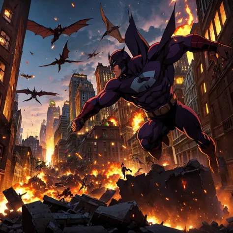 Group of superheroes fighting against an army of flying demons, in the background a destroyed city,  movie lighting, estilo Western Animation Diffusion