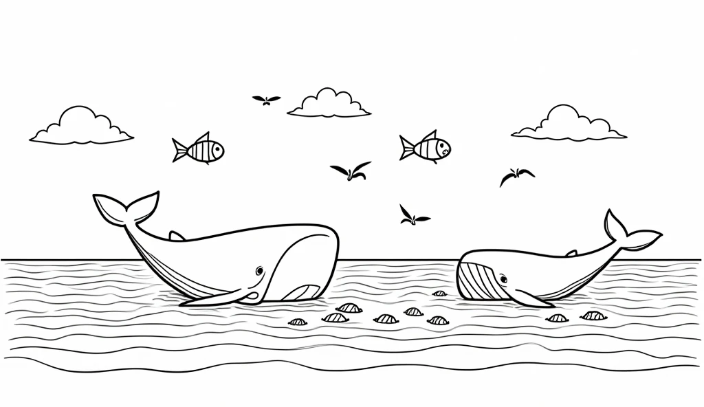 Stress-free coloring, page with image of a simple, cartoon-style drawing showing large sea creatures (like a whale and fish) swimming in the ocean and various birds flying above, with gentle waves and clouds, all created with thick lines for easy coloring,...