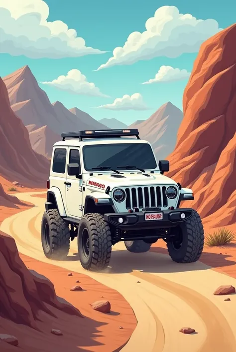 Create a cartoon with a deserted background, a road and a white Jeep 4×4 van with dark glass on the mountain 