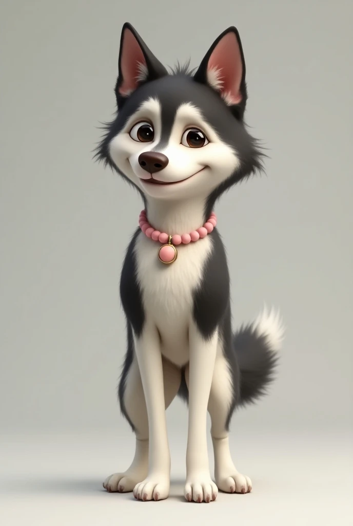 a dog, medium short haired man with black back ,  white legs and tail and brown snout, shorter and smaller hair, with pastel pink necklace ,  short hair and more realistic , Her name is LOLA ,  the tail is short haired too 

