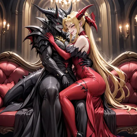  Demon Queen of the Demon Realm is a beautiful blonde Fate Testarossa, wears a gorgeous and attractive demon dress from the Demon World, and they hug and kiss each other on a gorgeous sofa with a great variant of Devil King、((Best Quality)), ((masterpiece)...