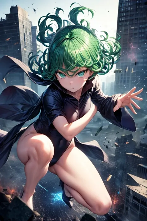 ((best quality)), ((masterpiece)), (detailed), tatsumaki cosplaying in the super strangers costumes, tatsumaki moving debris with his powers, floating, glowing eyes, destroyed city background