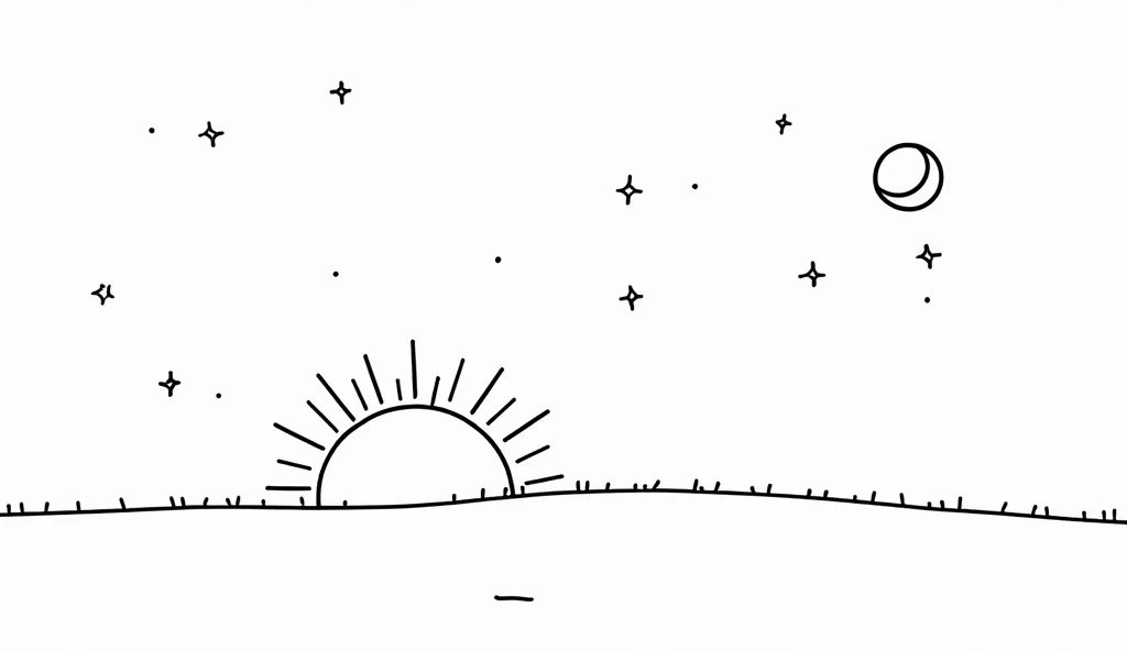 Stress-free coloring, page with image of a simple, cartoon-style drawing showing the sun setting on the horizon and the moon rising, with stars beginning to appear in the sky, representing the transition from evening to morning. Thick lines for easy colori...