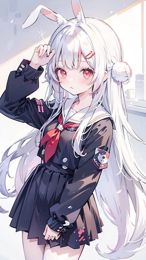 Anime Girl，White hair，Rabbit ears, Red Eyes, blushing, School Uniform