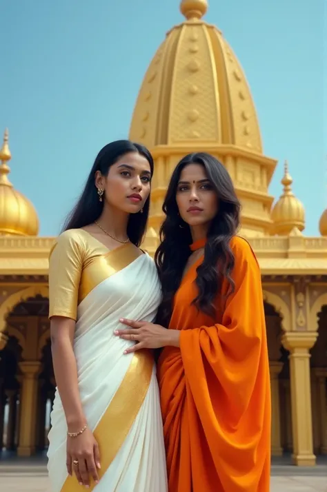 The image shows two women dressed in traditional Indian attire, standing in front of a golden temple. The woman on the left is wearing a white saree with a gold border and a matching blouse, while the woman in the middle is wearing an orange saree. Both wo...