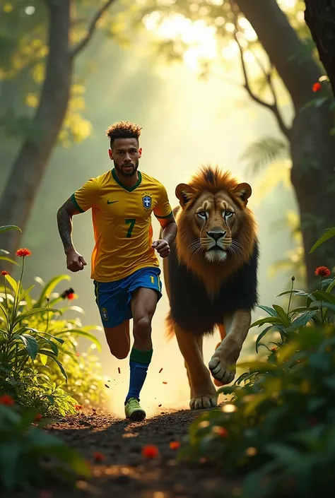 Neymar Junior and a lion running in the jungle 