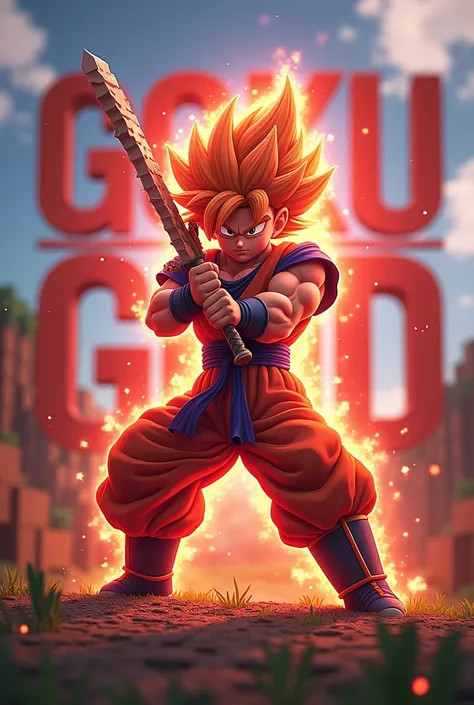 Skin Goku Super Sayayin God in Minecraft with a sword fighting and that in the background there is a text that says Goku God