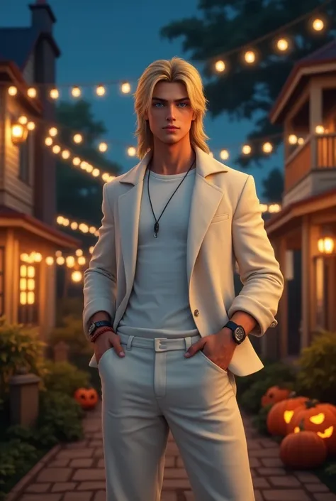 YOUNG MAN  ,  long blonde hair , split in half,  blue eyes , piel Blanca, stocky and handsome,  dressed in a white jacket , camiseta blanca,  wide white pants at the hip , and an ear microphone ,  standing in the garden of a house on Halloween, night, Stre...