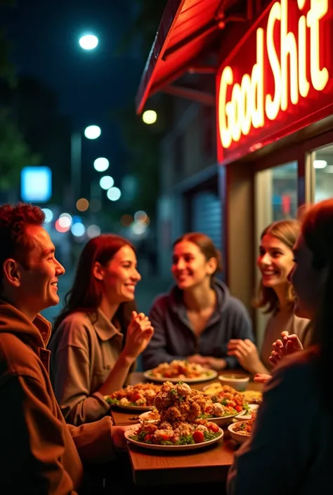 start:  A night in the city .  A group of friends go out looking for something to eat after a night out.
Development:  They see the Good Shit sign and decide to try .  Images of the preparation of kebabs ,  with fresh and colorful ingredients ,  are mixed ...