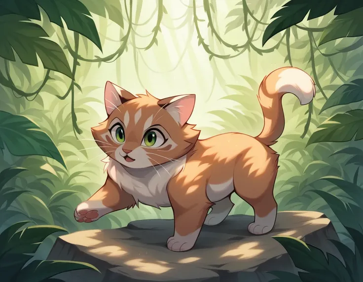 "Create a full-body, 4K image of a Skookum cat with vivid green eyes, standing confidently on a rock surrounded by lush, dense jungle foliage. The cat’s curly fur is rich with detail, capturing the soft texture of its coat, especially around the neck and l...