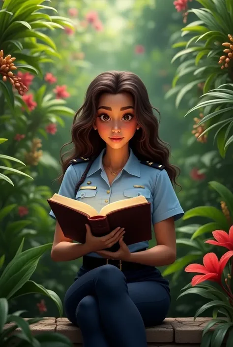 A 24-year-old Brazilian girl , disney image/Pixar reading a book in a lush tropical garden,   fair-skinned brunette with long curly hair dressed in her police uniform 