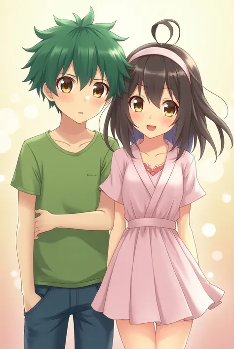 a green-haired boy and a dark-brown-haired girl posing for the photo
Anime version