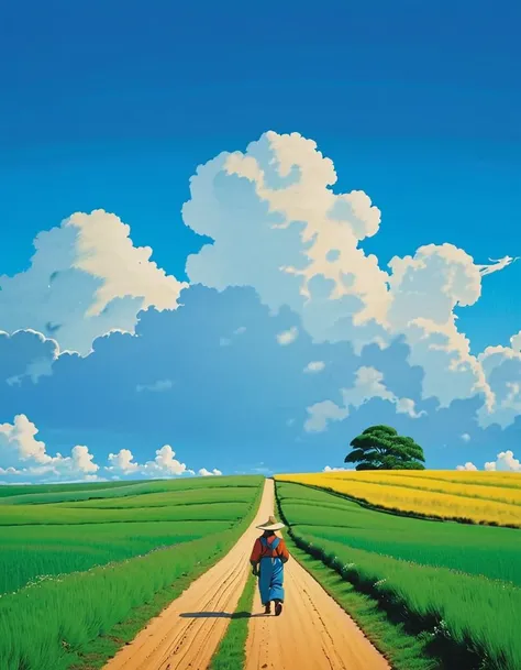 (minimalism:1.4), a farmer on the road, Studio Ghibli art, Miyazaki, pasture with blue sky and white clouds