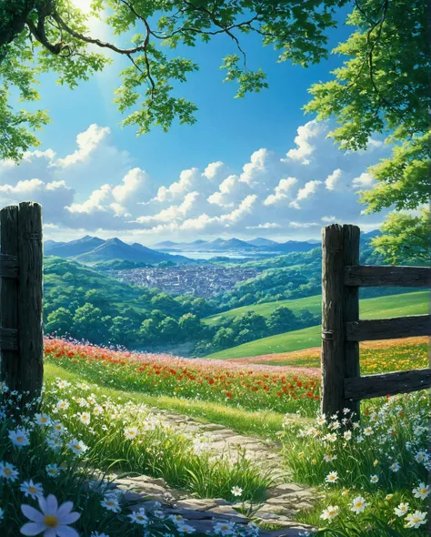 there is a fence that is in the middle of a field of flowers, very beautiful scenery, scenery wallpaper, beautiful scenery, very very beautiful scenery, stunning nature in background, very very very beautiful scenery, beautiful wallpaper, beautiful scenic ...