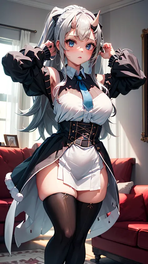 ((( 1 girl at home)), ray tracing,(Dim lighting),[ Detailed Background  (living room)),((Silver Hair)),(Silver Hair)),((Fluffy Silver Hair, Chubby and slim girl)) A black pleated skirt with a high ponytail ))) Avoid golden eyes in the ominous living room (...