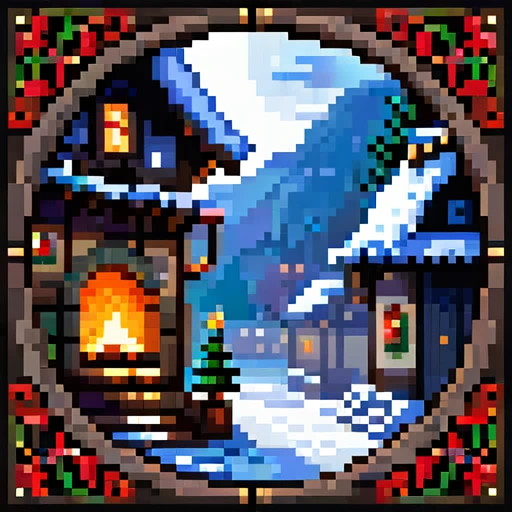 In the foreground, there is a dark, ancient frame with runes and details that occupies the entire image, with a circular-shaped image inside it. Inside the large circle, the theme will be a medieval city decorated for Christmas, with a nighttime background...