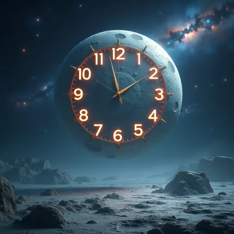 Clock marking the Eleven by Eleven Hours in Number in the floating sky, wrong , Galaxy. universe, nebula, On the Moons crater floor  