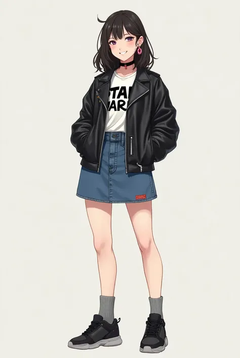 neat Japanese woman、、Ear piercing、Leather jacket、smile、 starwars shirt,, likes Star Wars, marvel and skateboarding, all interests should be inclouded, she should wear something deadpool or Spider-Man themed, a whole body shot with a neutral background 、jea...