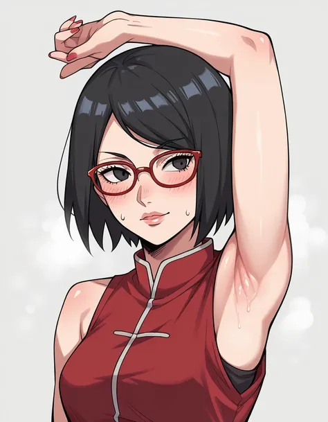 boruto,(sarada uchiha, short hair, black hair, black eyes, red-framed eyewear, glasses, swept bangs,(Armpit:1.3)，(steam，steamimg:1.1)，  red dress ,Kind Face, is embarrassing