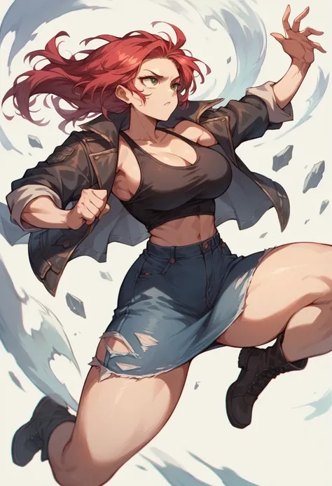 A woman with shoulder length red hair parted in the middle wearing a denim jacket, black tank top and jean skirt, throwing a punch in the air, large breasts, thick thighs, wide hips