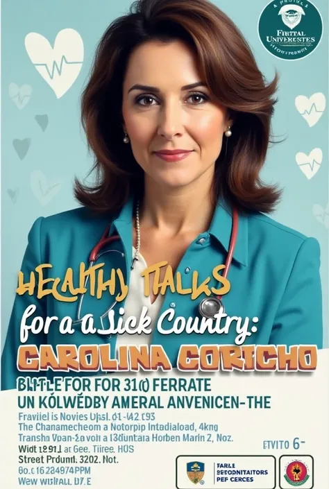  Make a flyer with the image of former health minister Carolina Corcho ,  from Colombia, inviting :  Healthy talks for a sick country ,   to be held on November 21 in the conference room of the Sincelejo University Hospital ( HUS )  at 4pm  