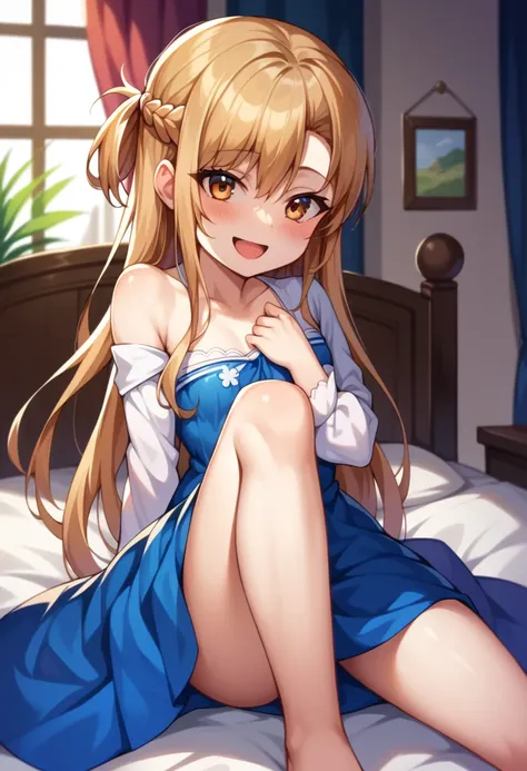 ((Best Quality)), ((masterpiece)), (be familiar with),  perfect face, indoor, bedroom,  watching viewers,
One woman,  Asuna Yuki,
 characters with open mouth ,  ecstatic expression, blush, smile,
Small breasts,  flat chest, Young girl, Lori,  kids,  girl,
...