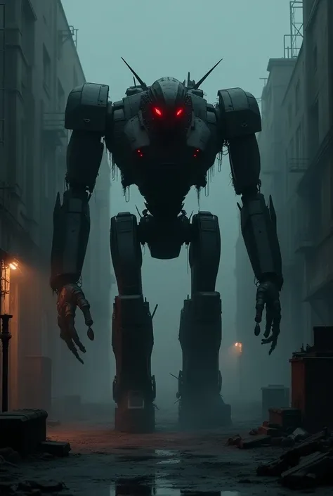 Menacing killer robot in a dark and dark place and at night