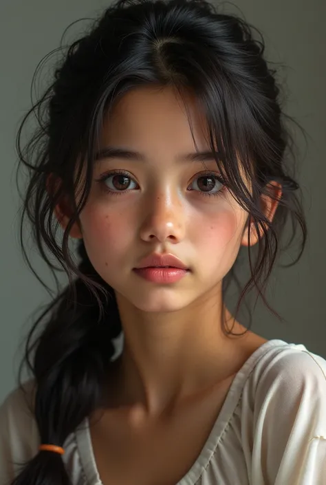  a girl of nepali race , with dark dark brown hair and eyes , white nepali skintone , pointed nose but a littlebit flat at the top , 2 small very small moles at the right side of nose , light eyebrows , dark dark brown coloured ,a little darker than babypi...