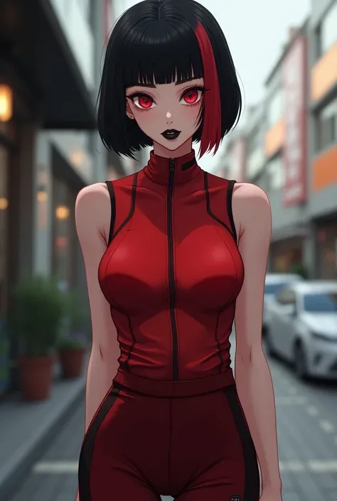 A sissyish character inspired by Japanese style stands confidently, sporting a sleek, jet-black bob haircut with a single, bold red streak framing one side. Their eyes are a striking shade of red, set against a pale complexion that complements their unique...