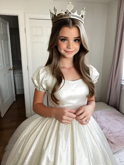 brooke monk wearing a puffy dress in her bedroom, is wearing tiny crown, young adult woman