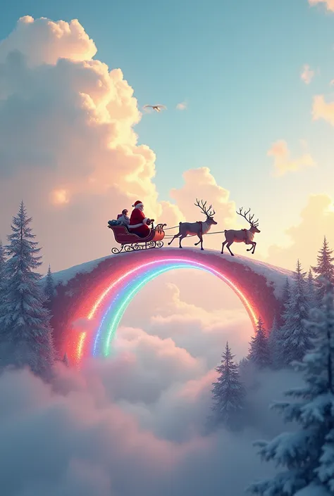 rainbow as a bridge made for santa claus and deer ,surreal fantasy" High Resolution, Masterpiece, Award Winning, Best Quality, High Quality, UHD, , 8K Octane, Cinematic, Soft Colors,  Soft Lighting, Hyper Detailed