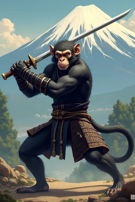 Create a samurai monkey holding the sword in both hands 