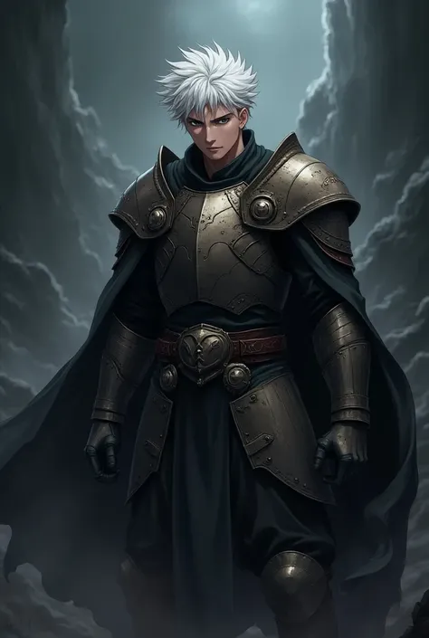 Anime style 80-90s young king knight in dark fantasy style, Stronger 90s anime style and more shabby character with white hair only after battle