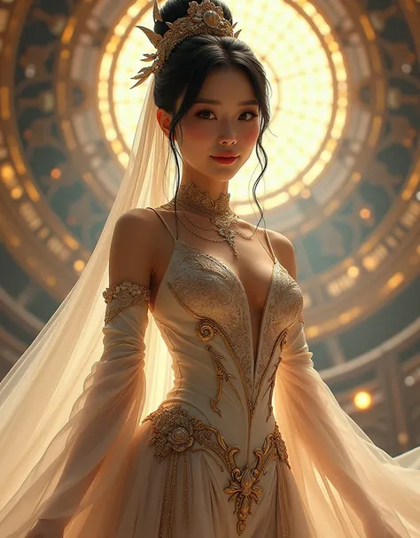 ( (8k:1.27), Best quality at best, tmasterpiece,  Ultra High Resolution :1.2) ， photore，Beautiful Chinese woman ，(big breasts beautiful:1.1) (sci-fi warrior woman:1.1)， Space warriors,  (Leather clothes:1.21)，wedding gown， Greg Rukowski and Alphonse Mucha ...