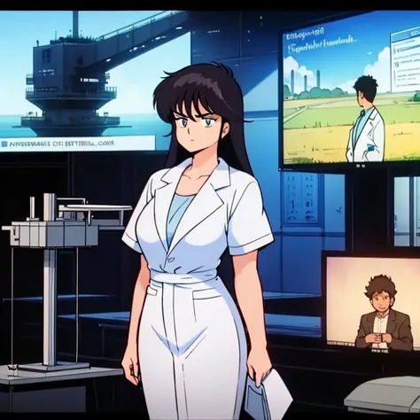 An engineer dressed as a young dark-haired woman with a serious expression, In the background is a large scientific observatory with a large screen and many staff members.