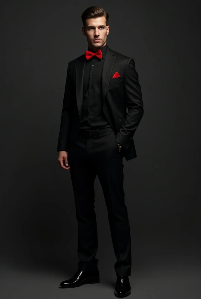 create an image of a man wearing;
• black polo long sleeves only (not tuxedo nor with white polo underneath)
• black pants or slacks
• black shoes on his feet
• red bow tie around his neck