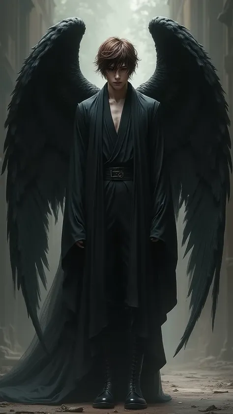  Create an image of a black-winged male angel .  with a male wearing a black robe and black boots.  The male has a black face and white Asian skin , with a brown hairstyle . 